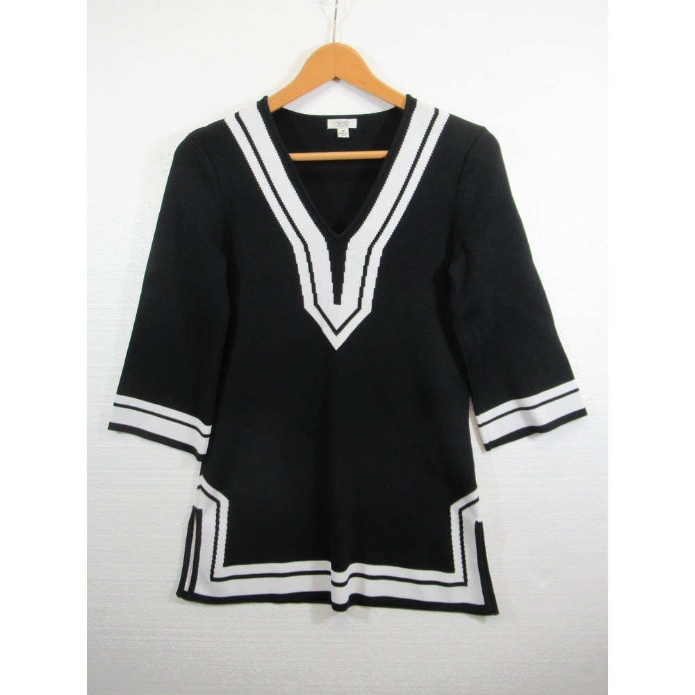 Cache 60s Revival Tunic Sweater Women Medium Black/White 3/4 Sleeve